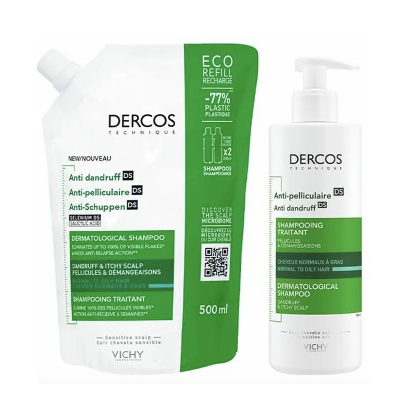 Vichy Dercos Shampooing Gras Antipelliculaire 400Ml +Recharge 500Ml