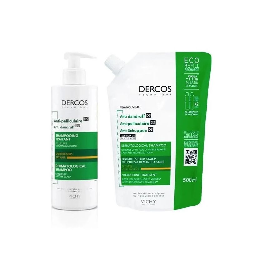Vichy Dercos Shampoing Antipelliculaire Cheveux Secs 390Ml Lot De 2 Pièces