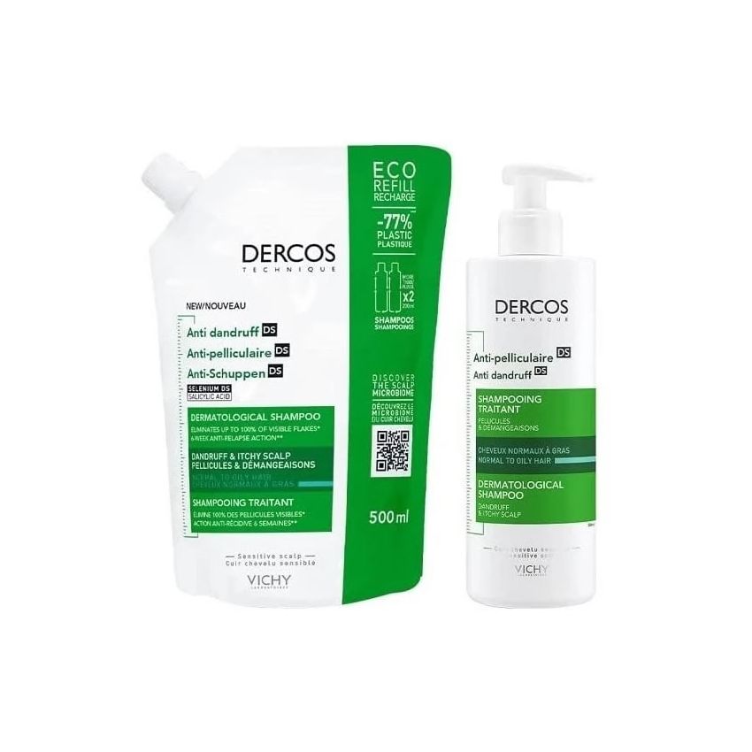 Vichy Dercos Shampoing Antipelliculaire Cheveux Normaux À Gras 390Ml Lot De 2 Pièces